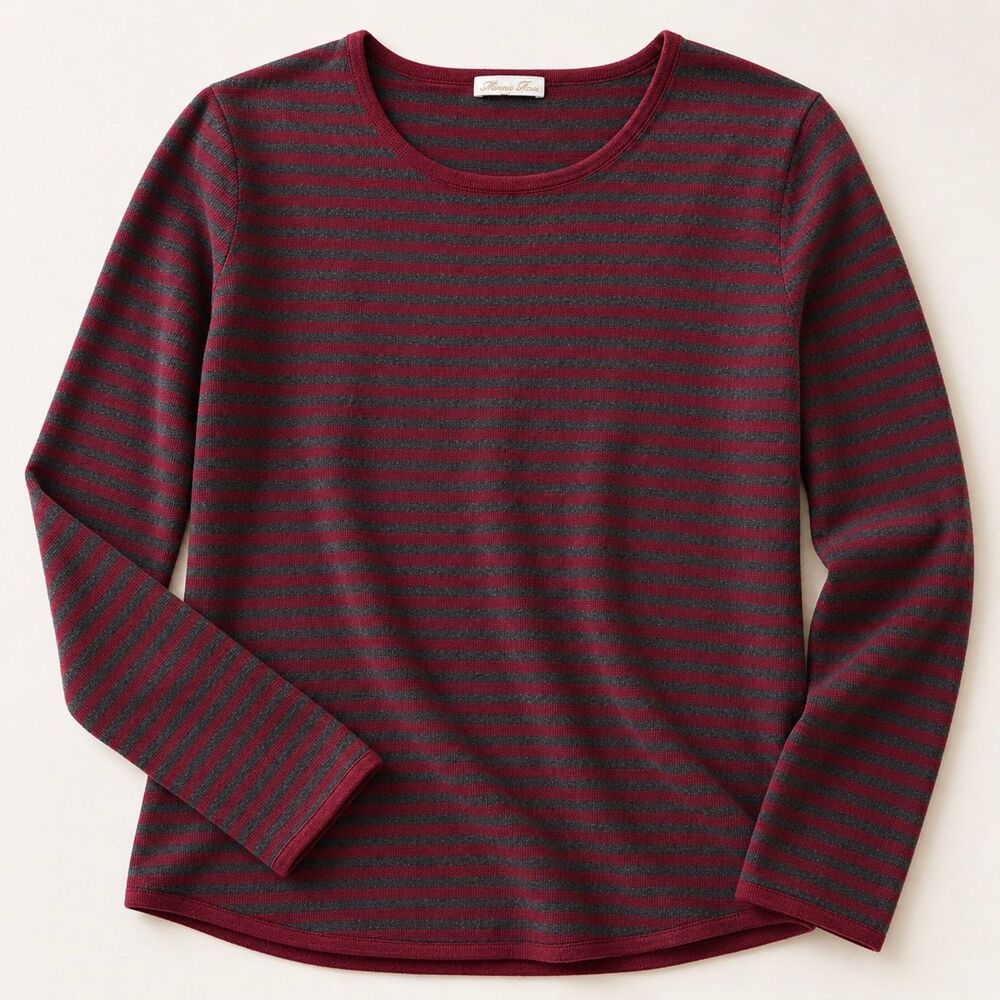 Minnie Rose Burgundy Gray Stripe Cotton Knit Sweater Top XL Old Money Casual